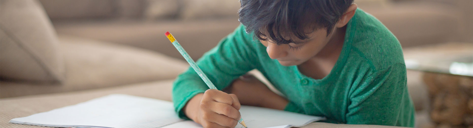 Indian boy in green shirt writing in a notebook