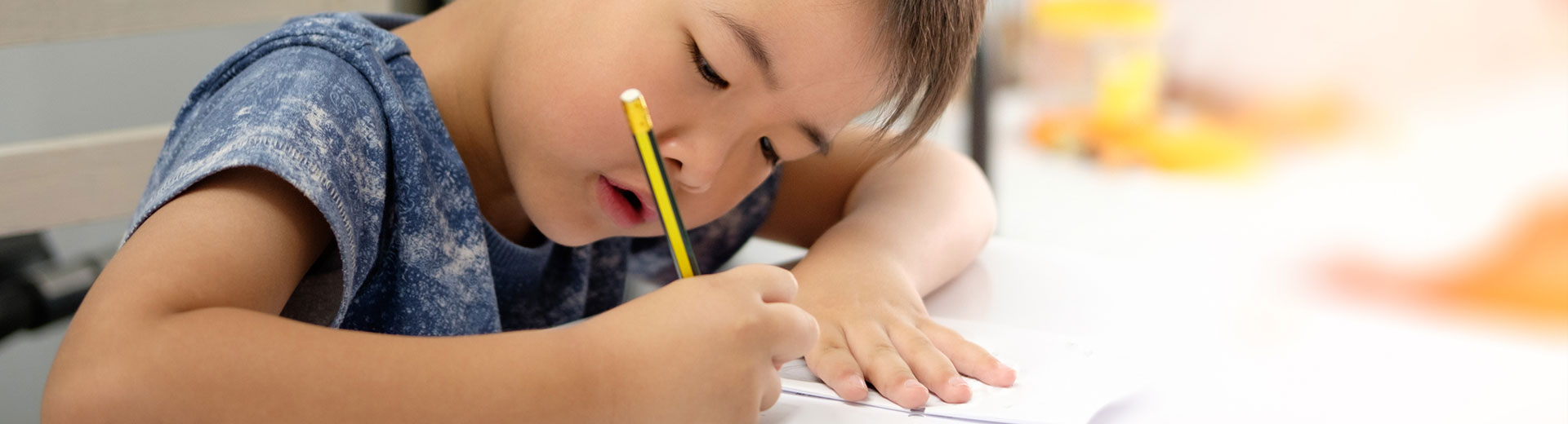 Young Asian boy writing in a notebook